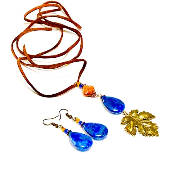 Bohemian LAPIS LAZULI Stone Earrings & Necklace w/ Sculpted Bronze Maple Leaf - Picture 5 of 14